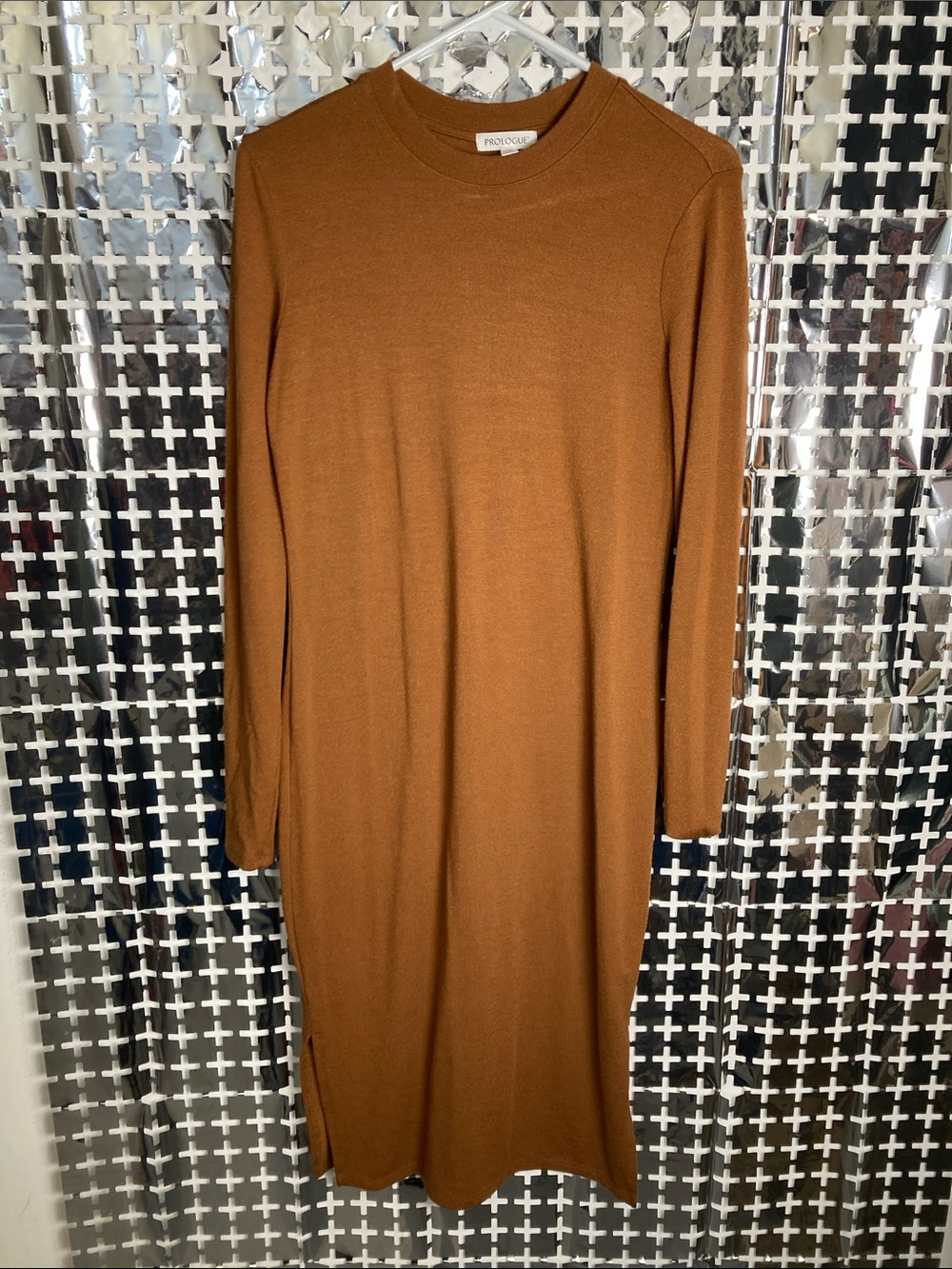 Prologue Long Sleeve Crewneck Dress in Cognac Brown